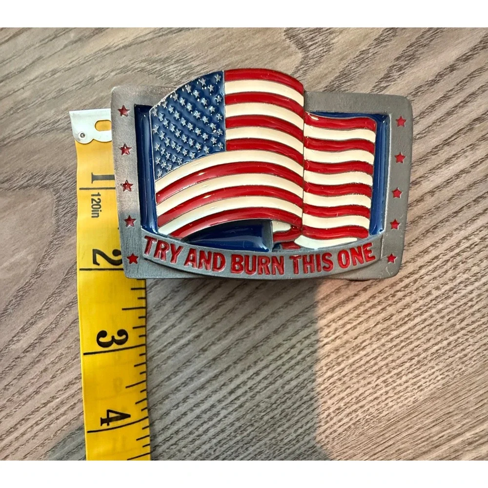 Vintage 1991 C&J Inc American Flag Belt Buckle Try And Burn This One USA NIB